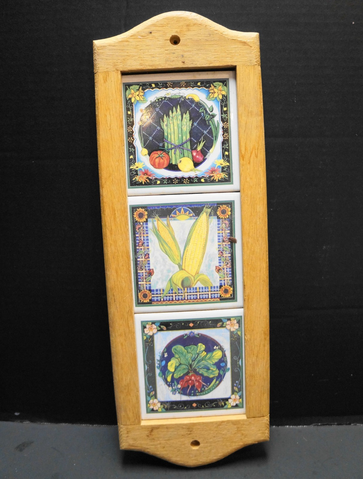 Vegetable Decorated Ceramic Tiles Wood Frame Wall Hanging USA