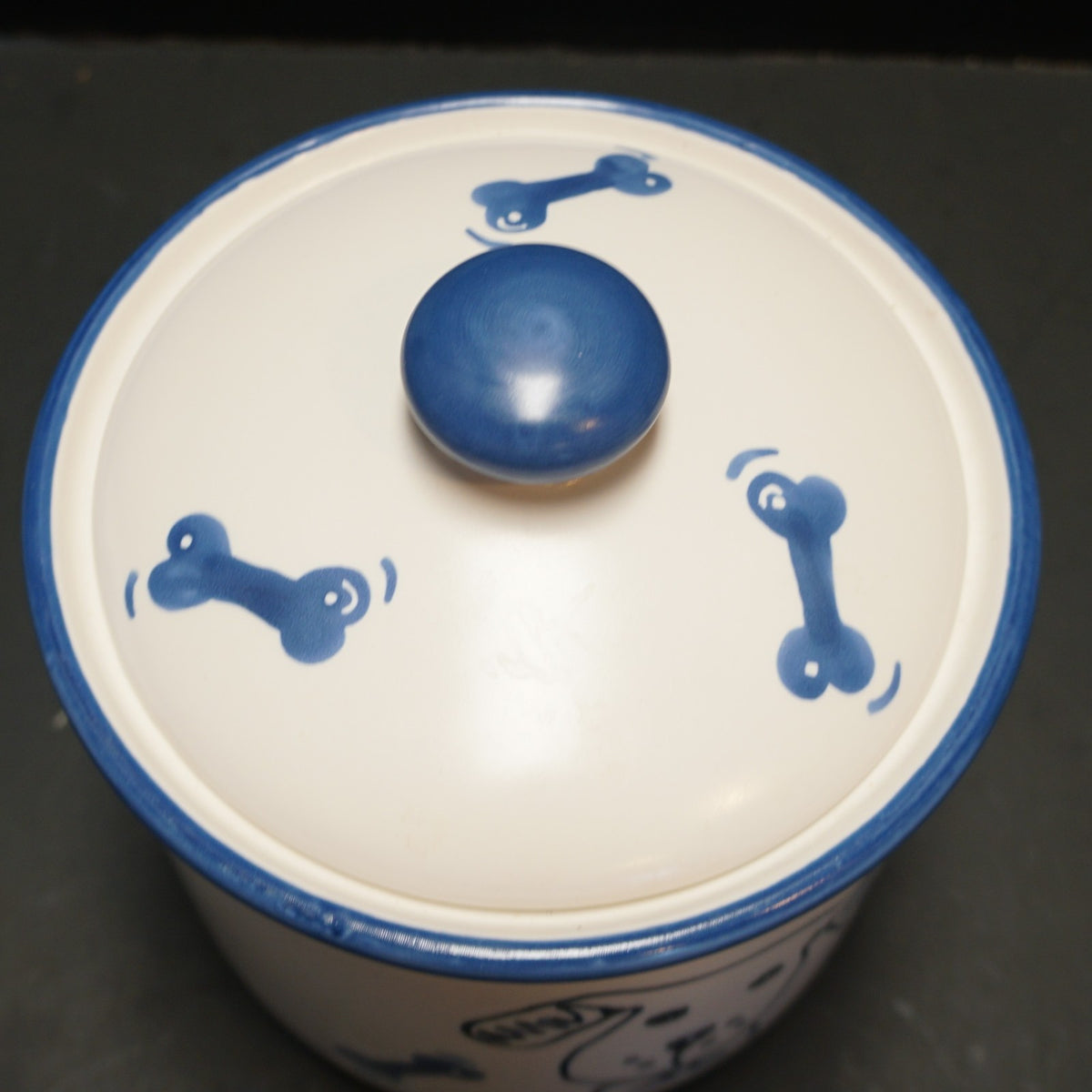 Lillian Vernon Blue White Hand Painted Dog Treat Jar Stoneware