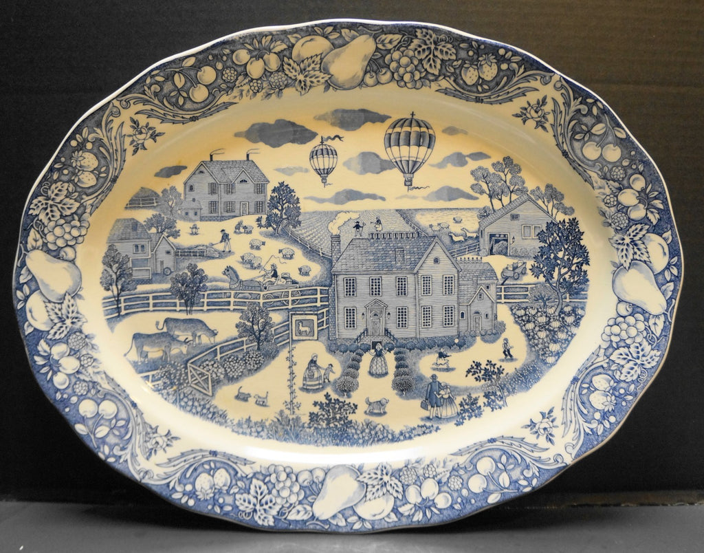 Marushin Pacific Ocean Blue Transferware Village Scene Hot Air Balloon Platter
