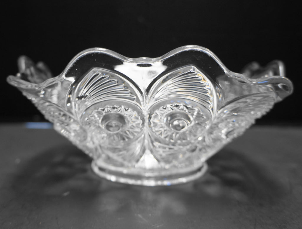 US Glass Bull's Eye Peacock and Fan Square Bowl EAPG