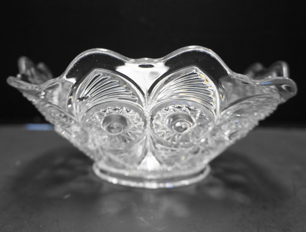 US Glass Bull's Eye Peacock and Fan Square Bowl EAPG