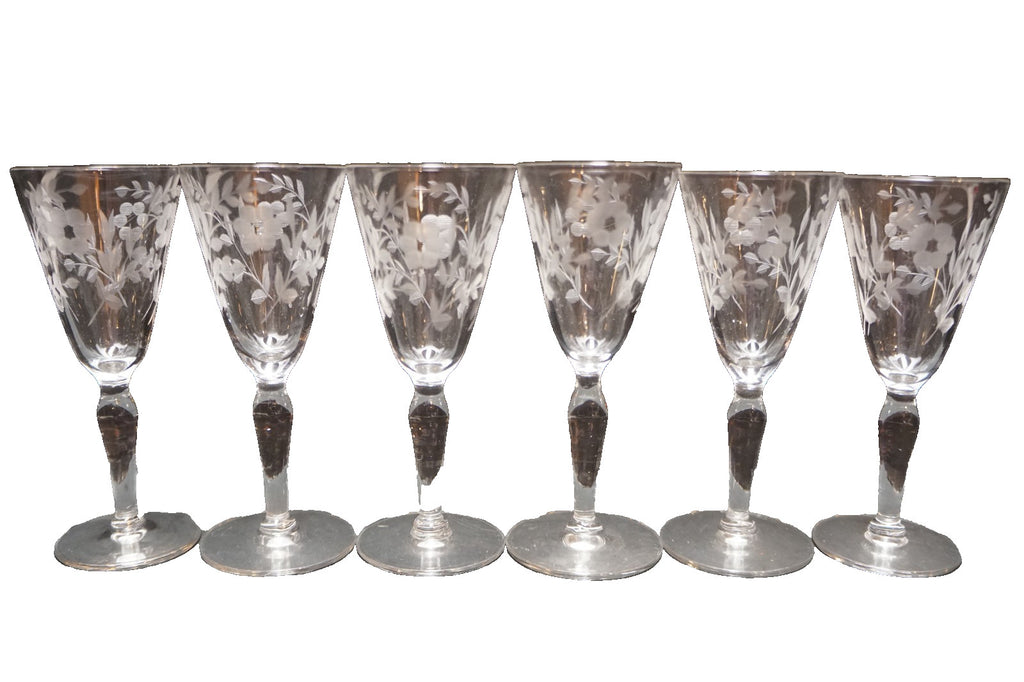Wheel Cut Floral Cordial 5 IN Wine Glasses Bulbous Stems Set of 6