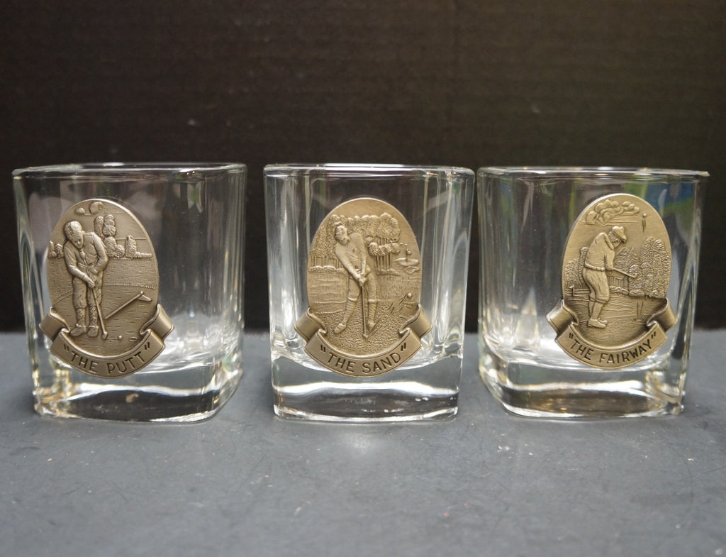 Fort USA Golf Rocks Tumblers Glasses Pewter Medallions Set of 3