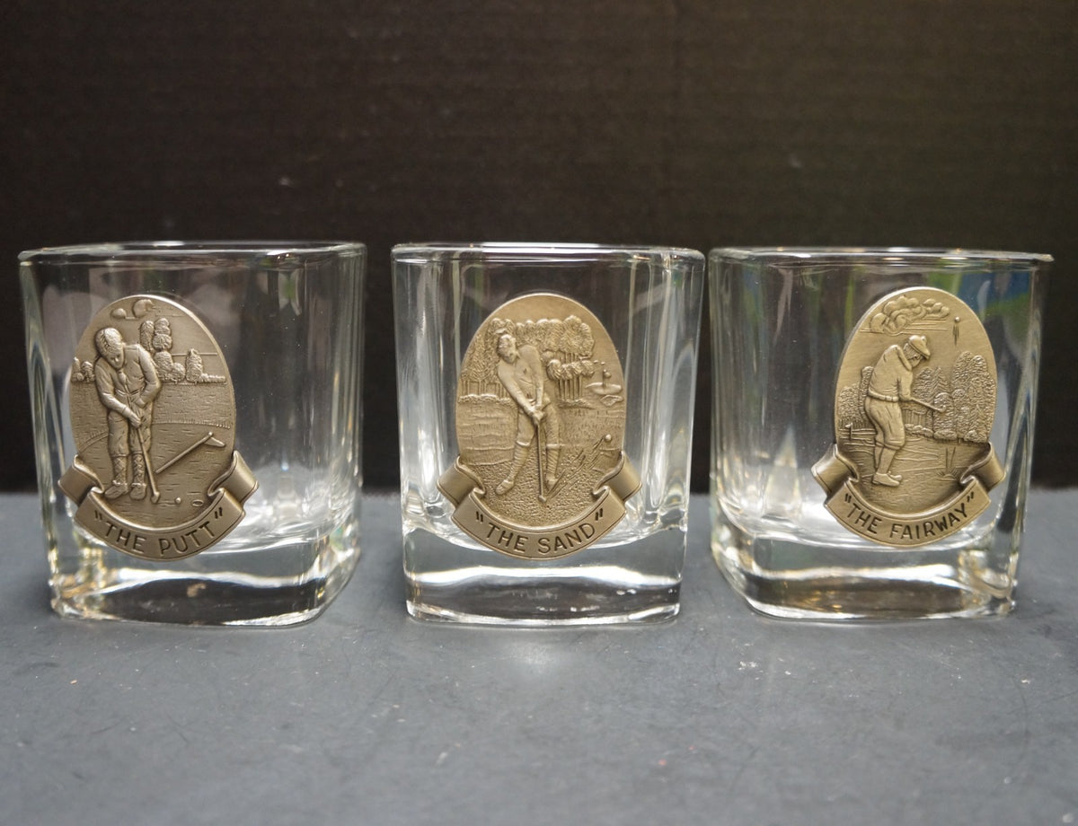 Fort USA Golf Rocks Tumblers Glasses Pewter Medallions Set of 3