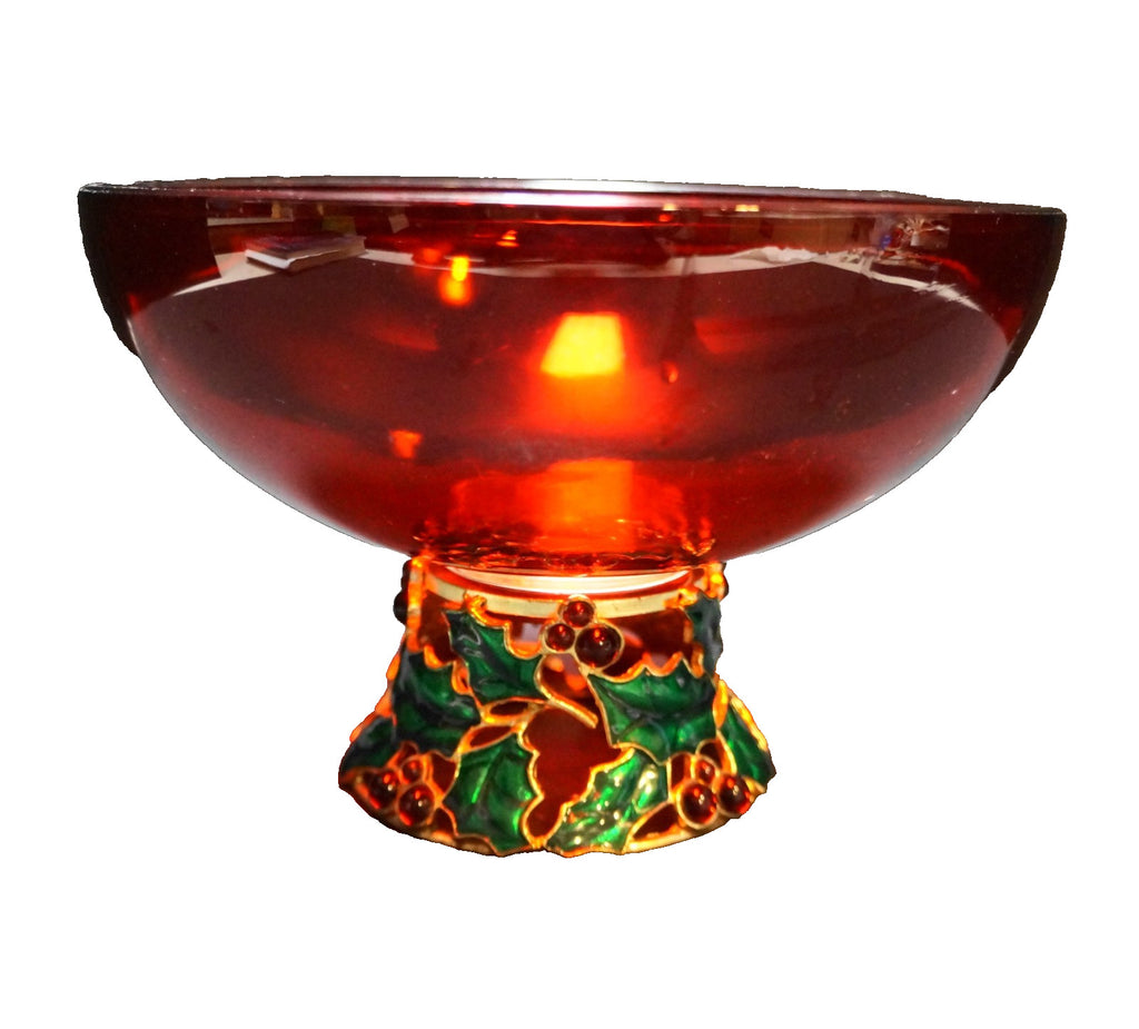Teleflora Christmas Red Glass Bowl Enamel Holly Pedestal Base