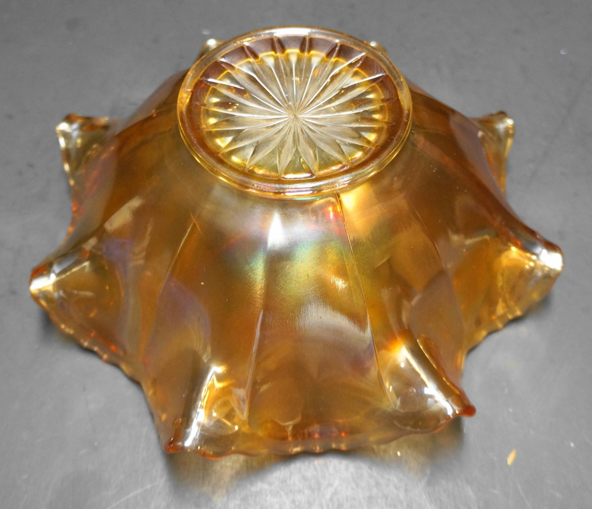 Imperial Glass Marigold Carnival Glass Plain Jane Ruffled Paneled Bowl 9 IN