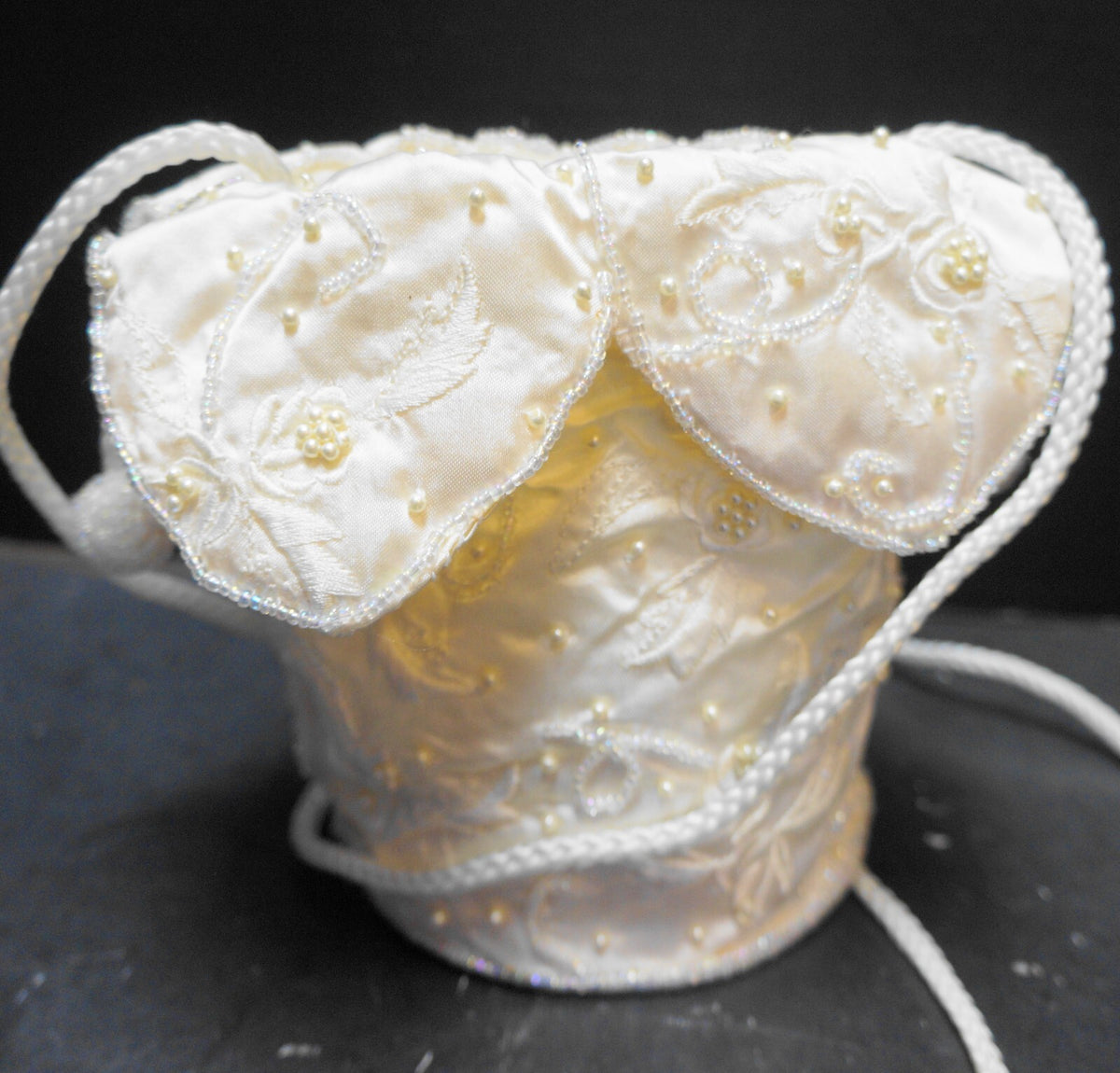 Cream Satin Beaded Drawstring Pouch Purse Evening Bag