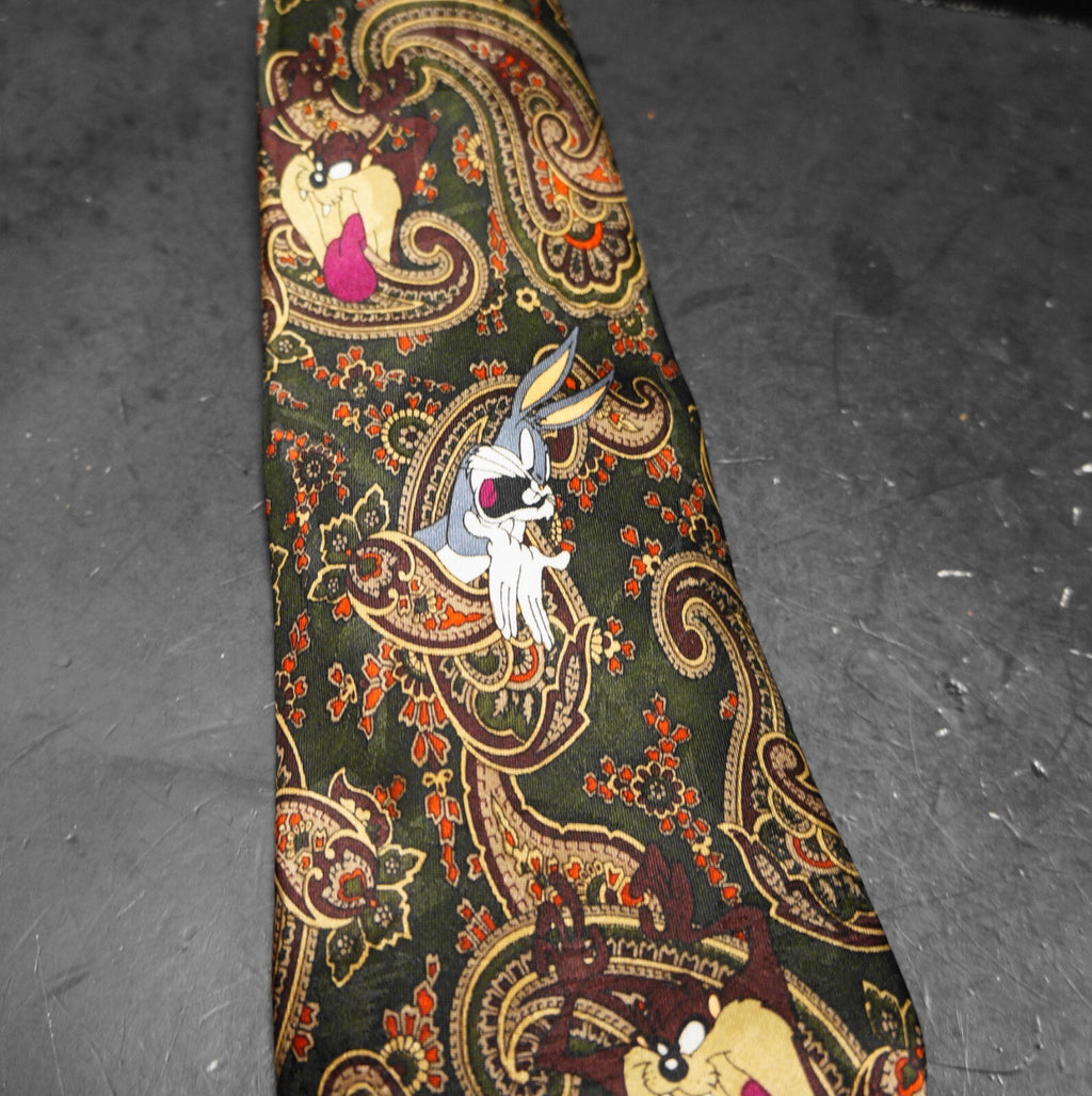 Looney Tunes Mania Dark Green Paisley Tie Bugs Bunny Taz Needs Repair