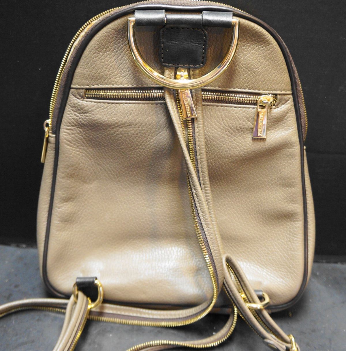 Valentina Italian Genuine Pebbled Leather Sling Backpack Purse Taupe Brown