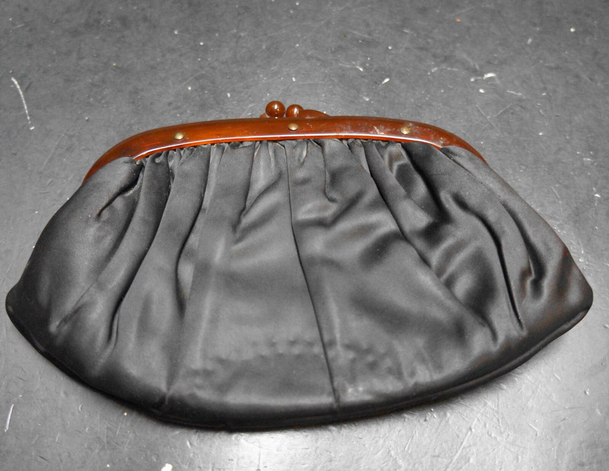 Black Satin Clutch Purse Root Beer Lucite Frame Kiss Clasp