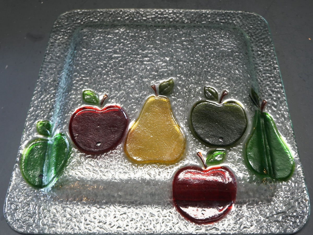 Fused Glass Fruit Apple Pear Clear Pebbled Square Tray 14 5/8 IN