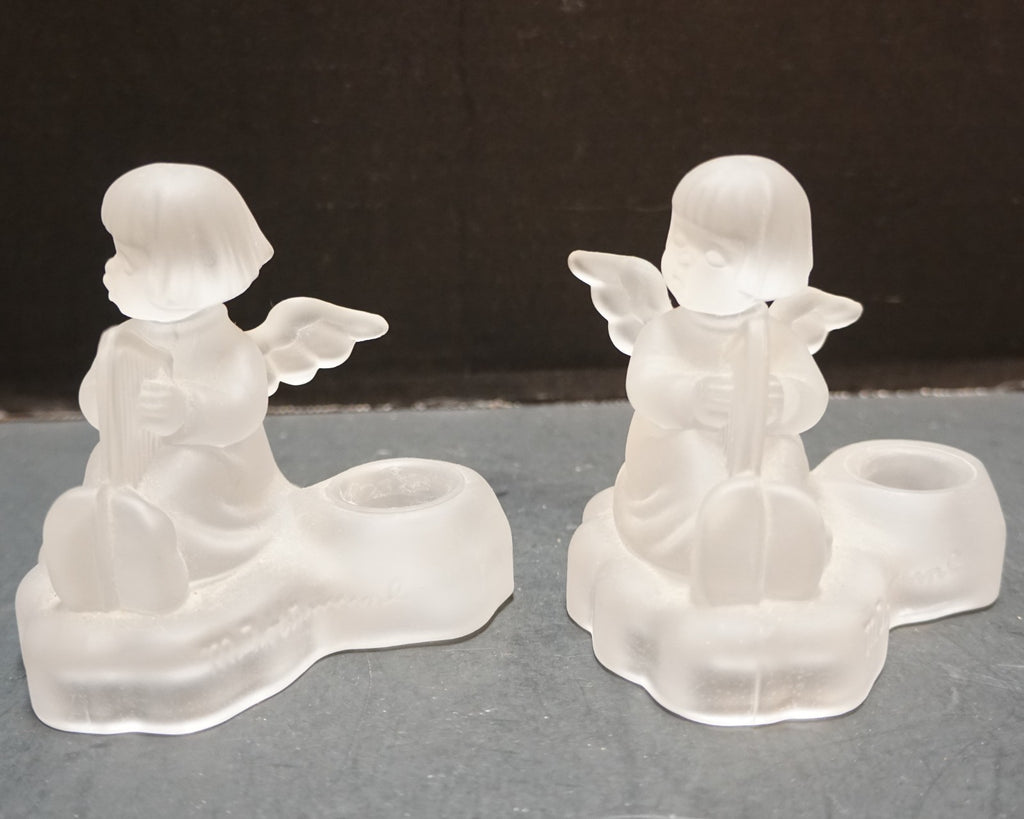 Avon Goebel Hummel Frosted Lead Crystal Angel Figurine Candle Holders Pair 1995