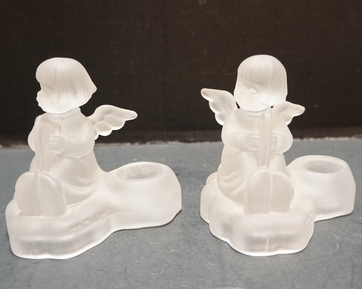 Avon Goebel Hummel Frosted Lead Crystal Angel Figurine Candle Holders Pair 1995