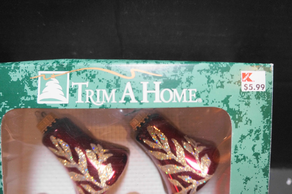 Deep Red Glass Bell Ornaments Gold Glitter Hand Decorated Set of 4