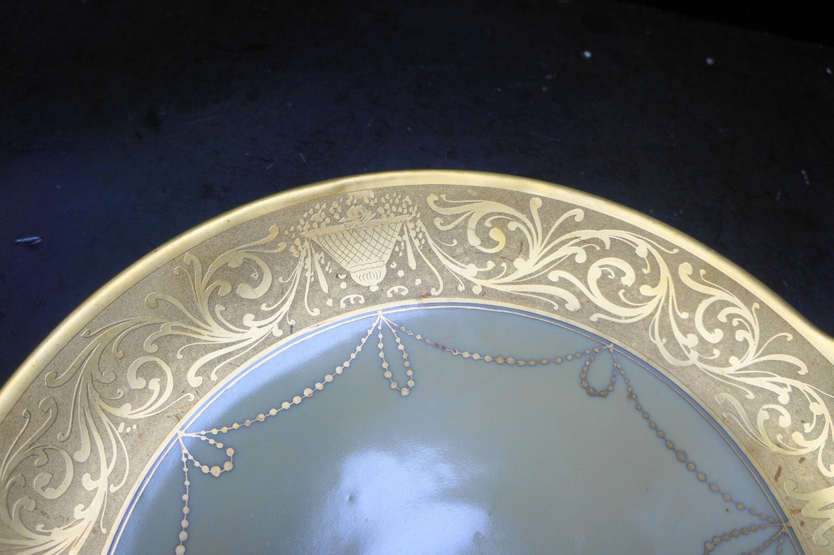 Gold Encrusted Rim Porcelain Double Open Handled Cake Plate Urns Scrolls Swags