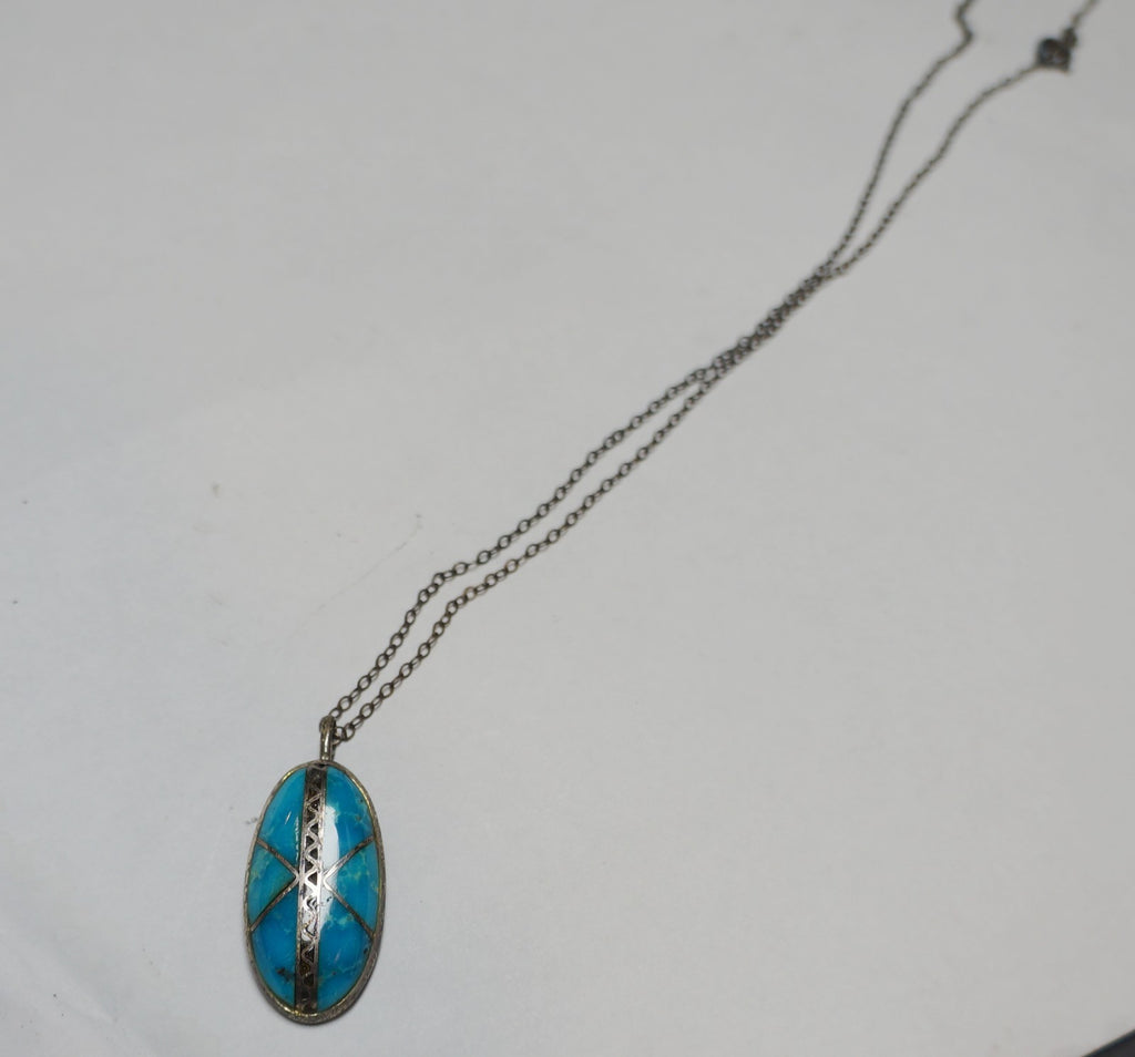 Turquoise Inlay Oval Pendant Necklace Sterling Silver Signed DY Southwestern