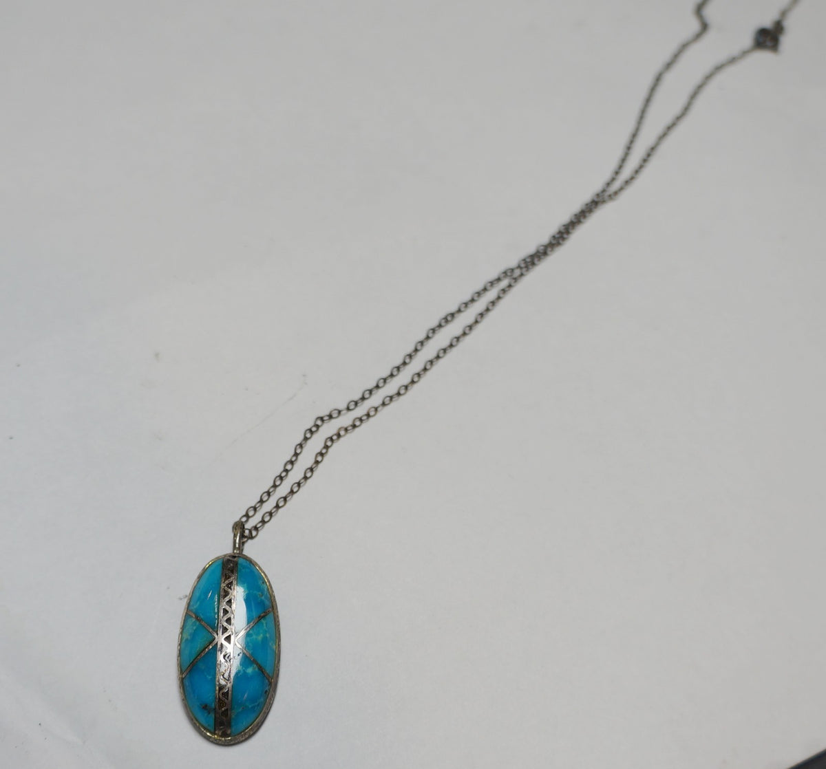 Turquoise Inlay Oval Pendant Necklace Sterling Silver Signed DY Southwestern
