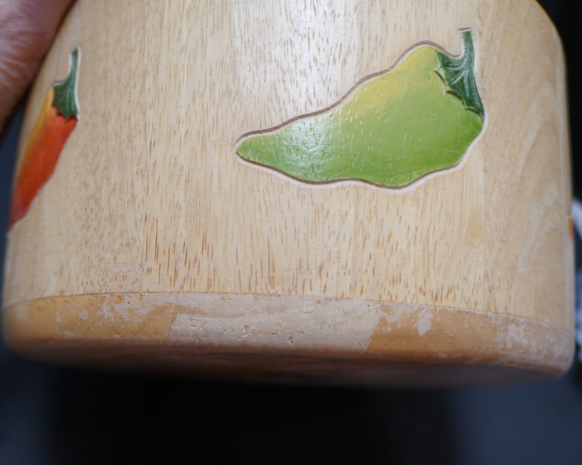 Clay Art Bamboo Salad Serving Bowl Hand Painted Carved Peppers 11 IN 2001