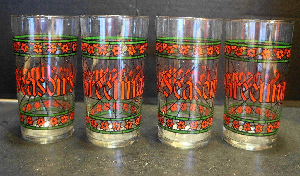 Season s Greetings Stained Glass Red Green Tumblers Set of 4 Christmas