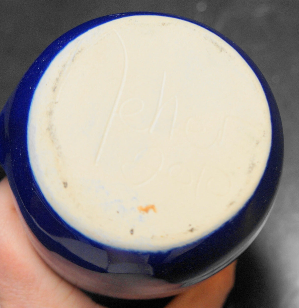 Neher Pottery Hand Warmer Mug Cobalt Blue Teal Drip Glaze 2010