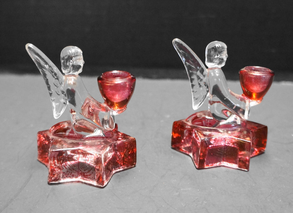 LE Smith Small Angel Candle Holders Star Base Crystal Ruby Flashed Pair