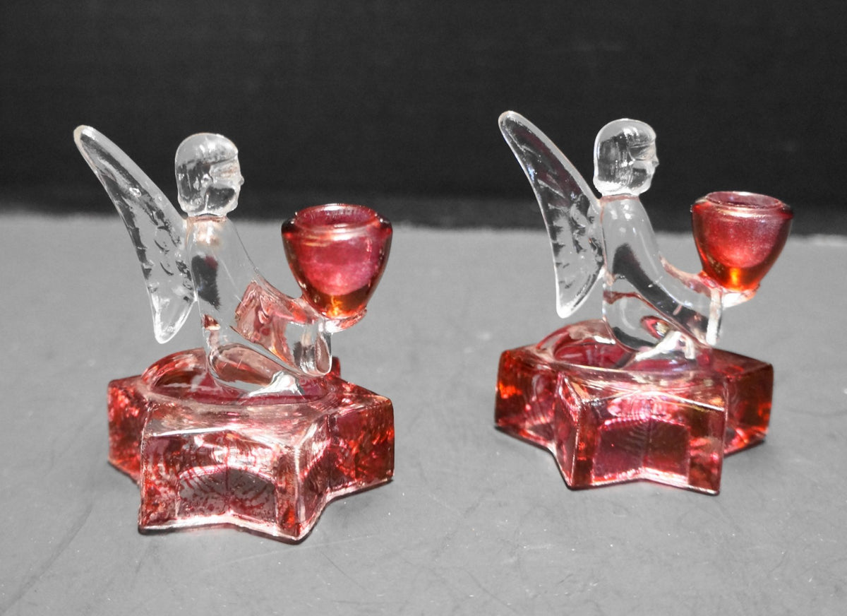 LE Smith Small Angel Candle Holders Star Base Crystal Ruby Flashed Pair