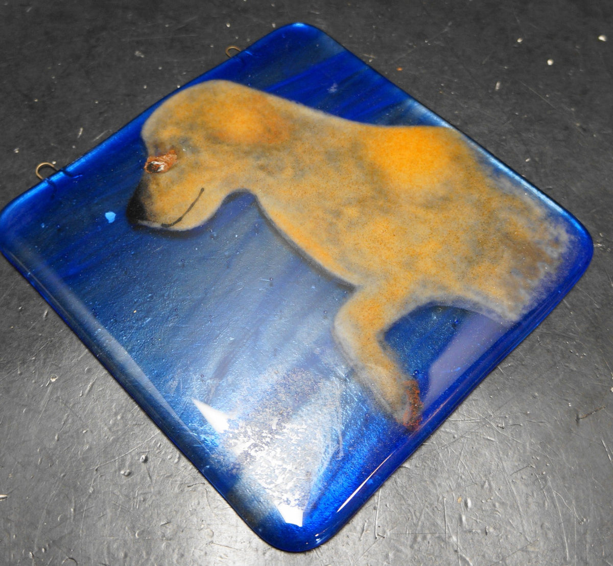 Blue Brown Dog Suncatcher Fused Art Glass Square Plaque