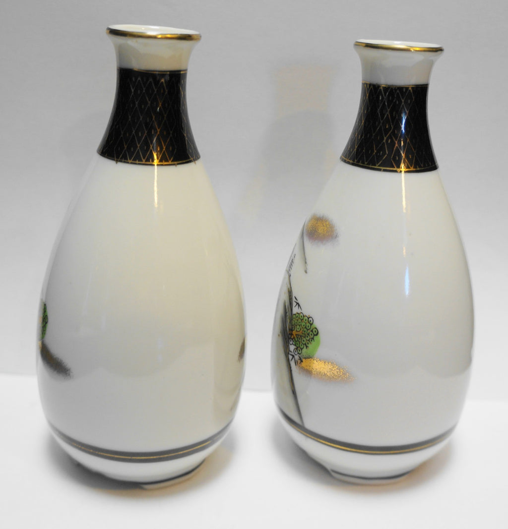 Kutani Japan Sake Bottles Pair Hand Painted Porcelain 1930s