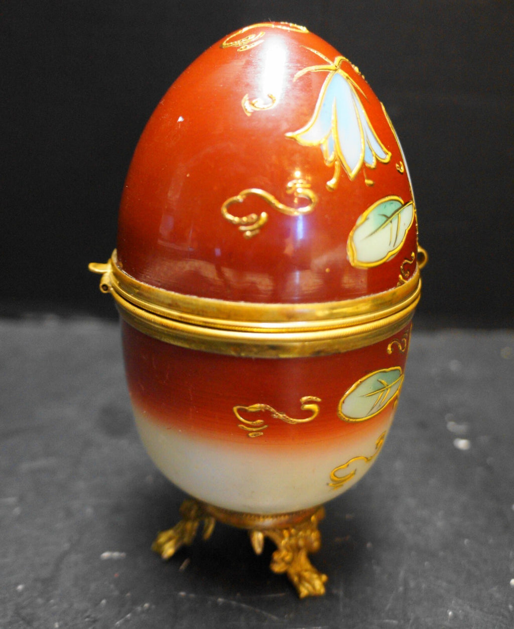 Hand Painted Opal Milk Glass Egg Rust Fade Transfer Portraits Gold Trim Box
