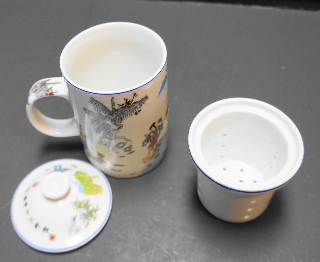 Chinese Porcelain Ladies Tree Tea Infuser Mug Lid 3 Pieces Yu Tai