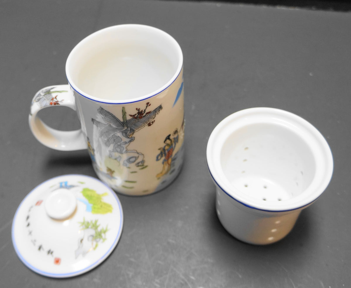 Chinese Porcelain Ladies Tree Tea Infuser Mug Lid 3 Pieces Yu Tai