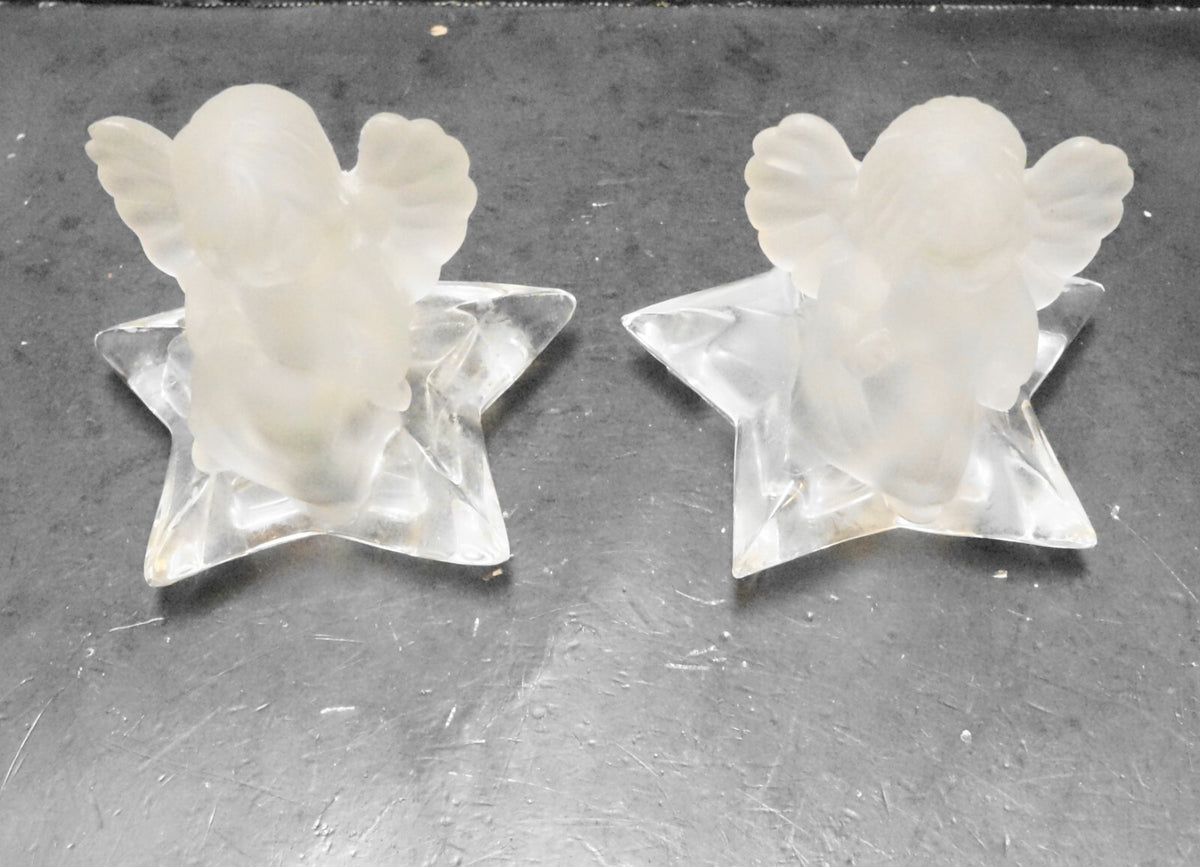 Crystal Frosted Glass Angel Star Pillow Candle Holders Pair