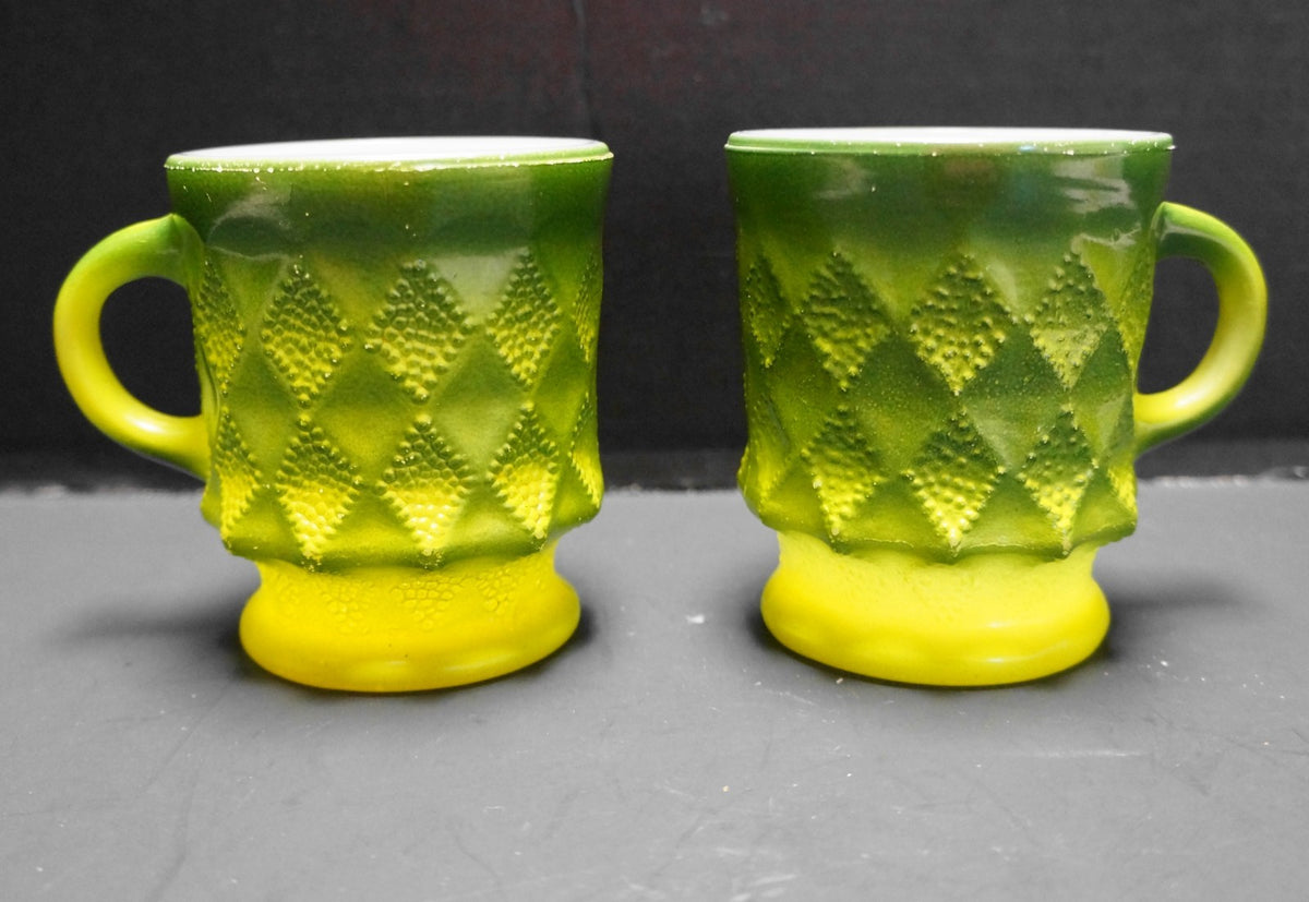 Fire-King Kimberly Mugs Green Yellow Diamond Pane Pair