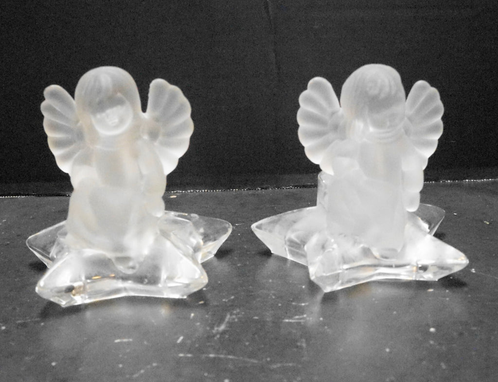 Crystal Frosted Glass Angel Star Pillow Candle Holders Pair