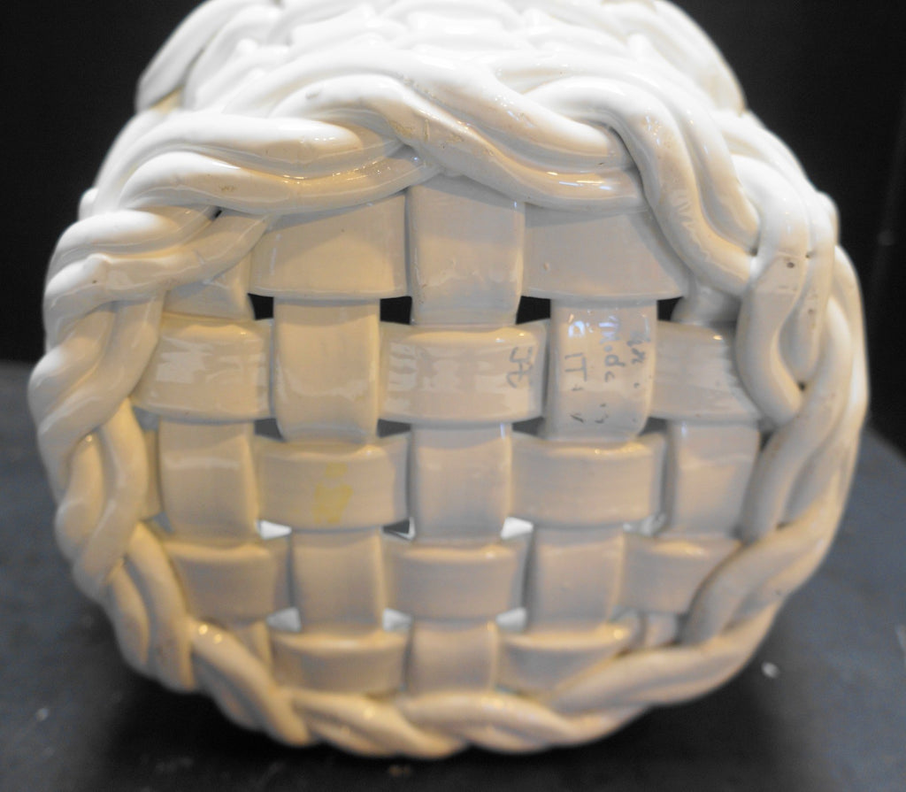 White Glazed Ceramic Woven Basket Bowl Made in Italy