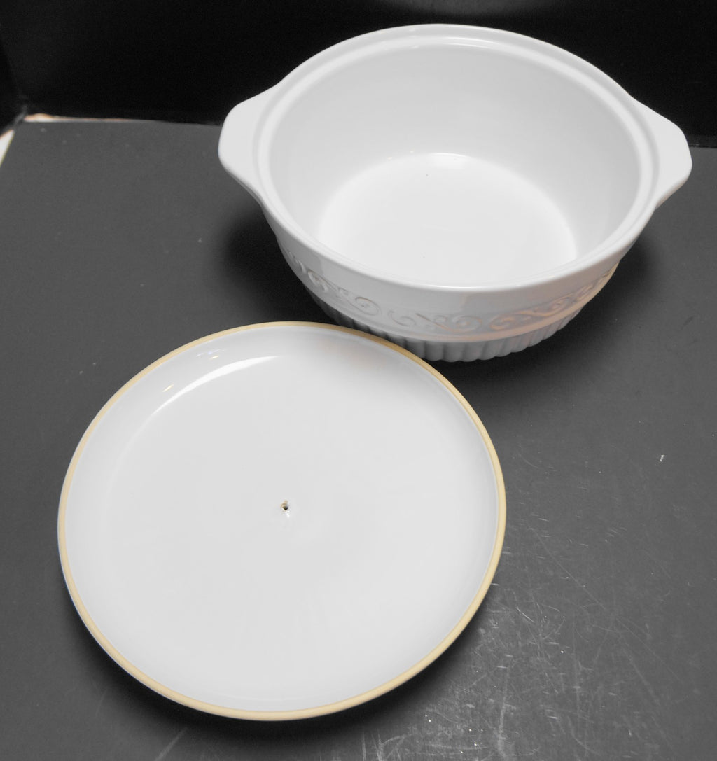 Gibson Claremont White Scrolls Embossed Stoneware Covered Vegetable