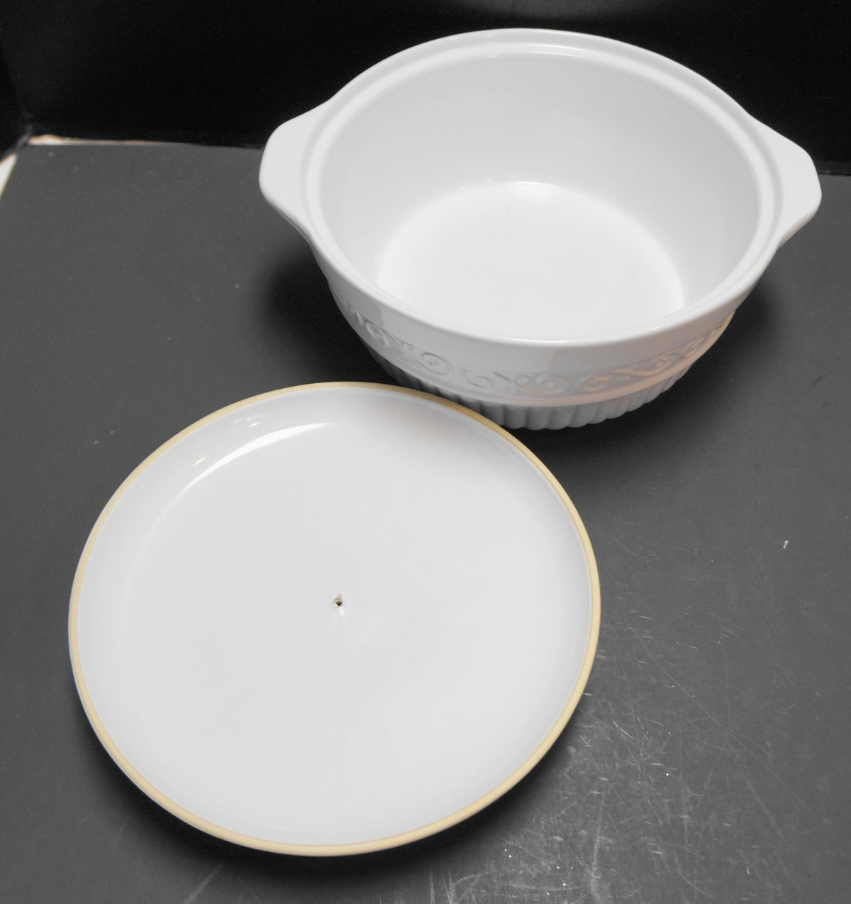 Gibson Claremont White Scrolls Embossed Stoneware Covered Vegetable