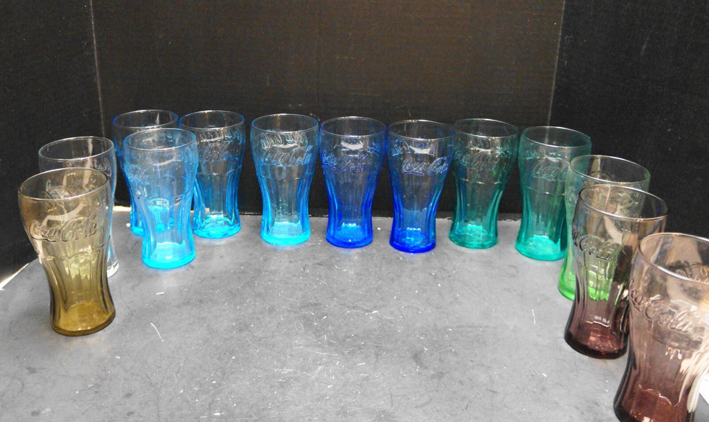 Libbey Coca-Cola Glasses 16 oz Colors Set of 13 Blue Green Purple Brown Clear