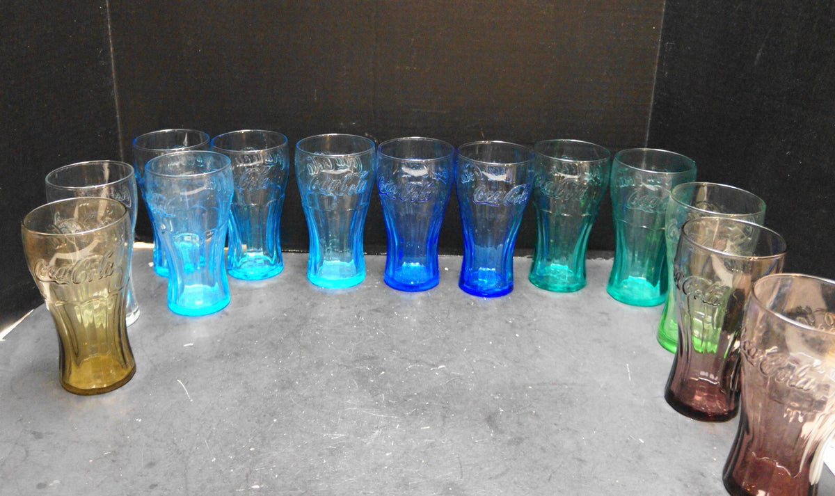 Libbey Coca-Cola Glasses 16 oz Colors Set of 13 Blue Green Purple Brown Clear