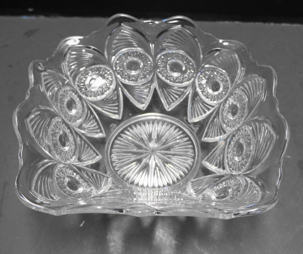 US Glass Bull's Eye Peacock and Fan Square Bowl EAPG