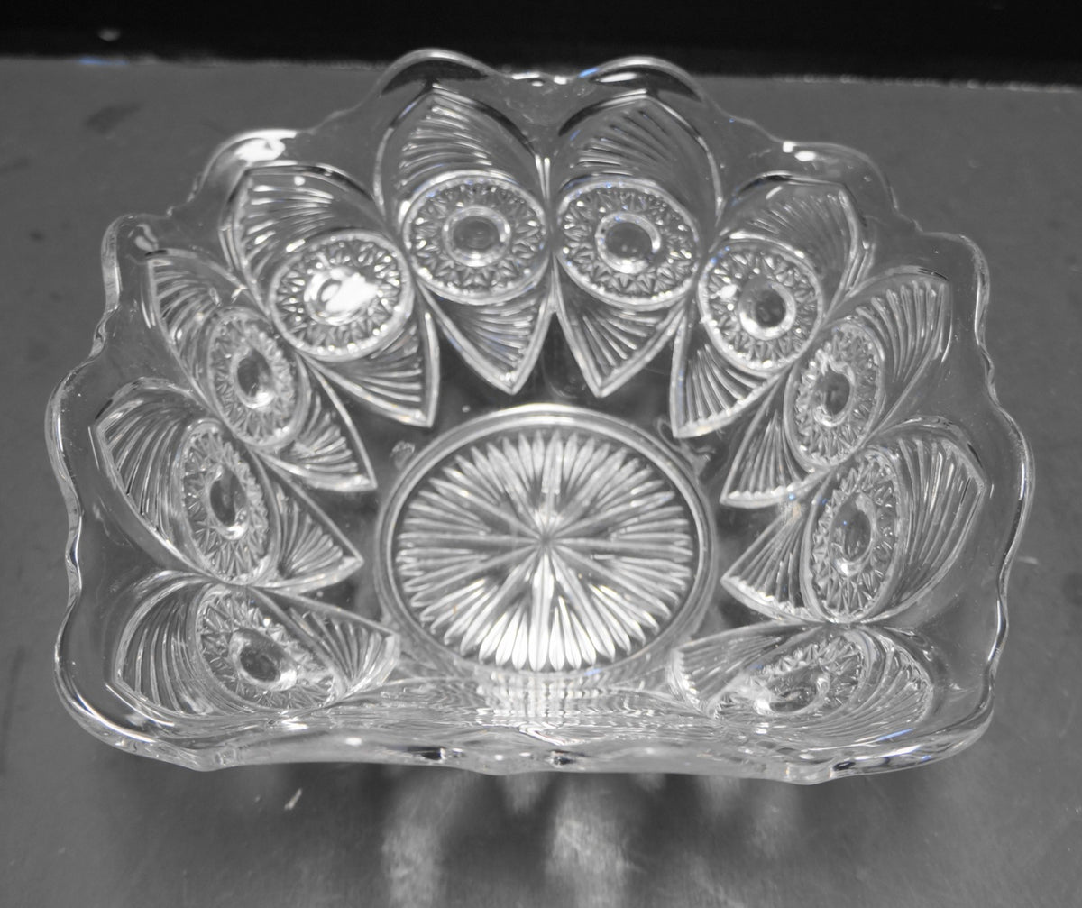 US Glass Bull's Eye Peacock and Fan Square Bowl EAPG