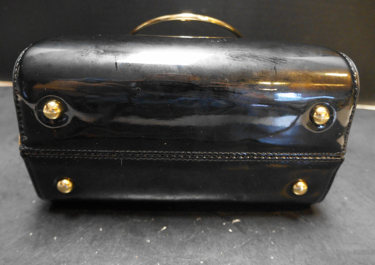 La Terre Fashion Black Patent Vegan Leather Clear Rhinestones Purse Box Style