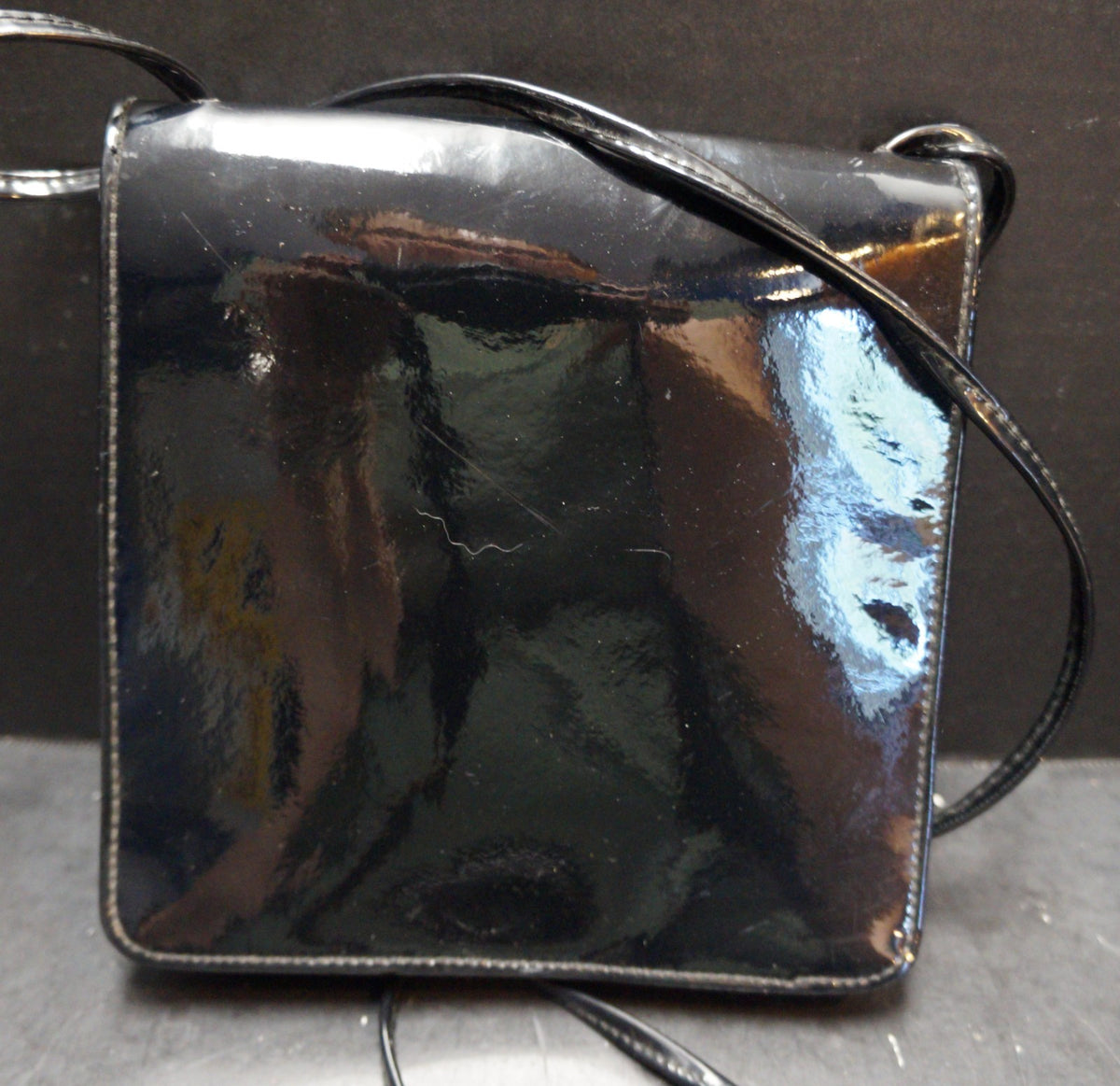 Dover Black Patent Vinyl Envelope Flap Shoulder Bag Clutch
