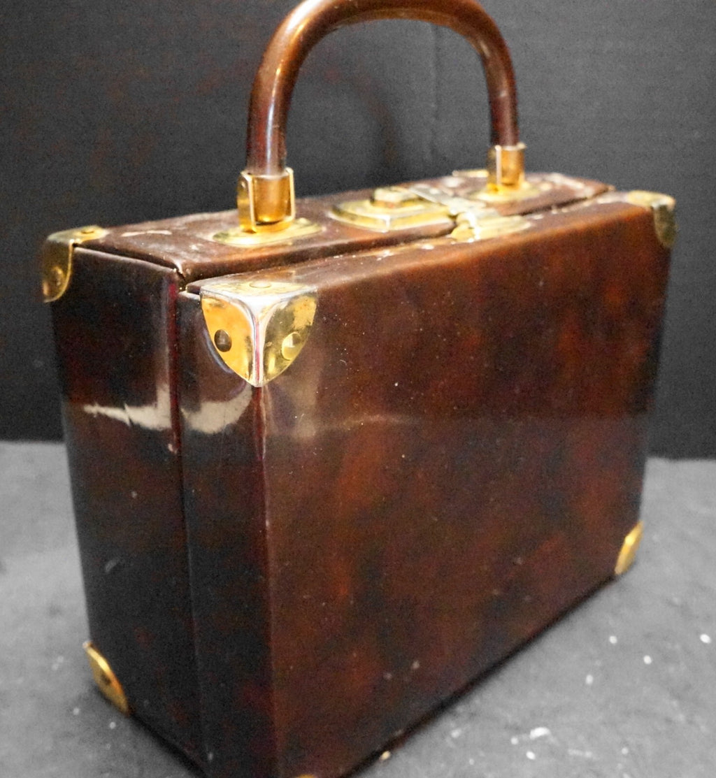 Delicato by Markay Brown Vinyl Patent Box Purse Gold Tone Hardware Attache Case