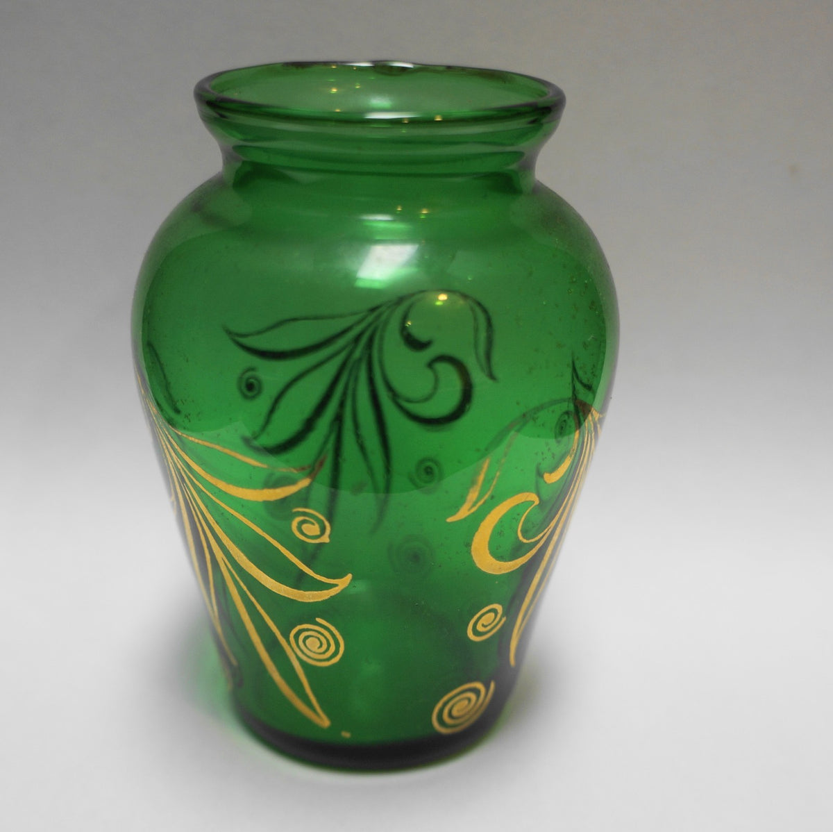 Anchor Hocking Fire King Forest Green Gold Decorated Bud Vase