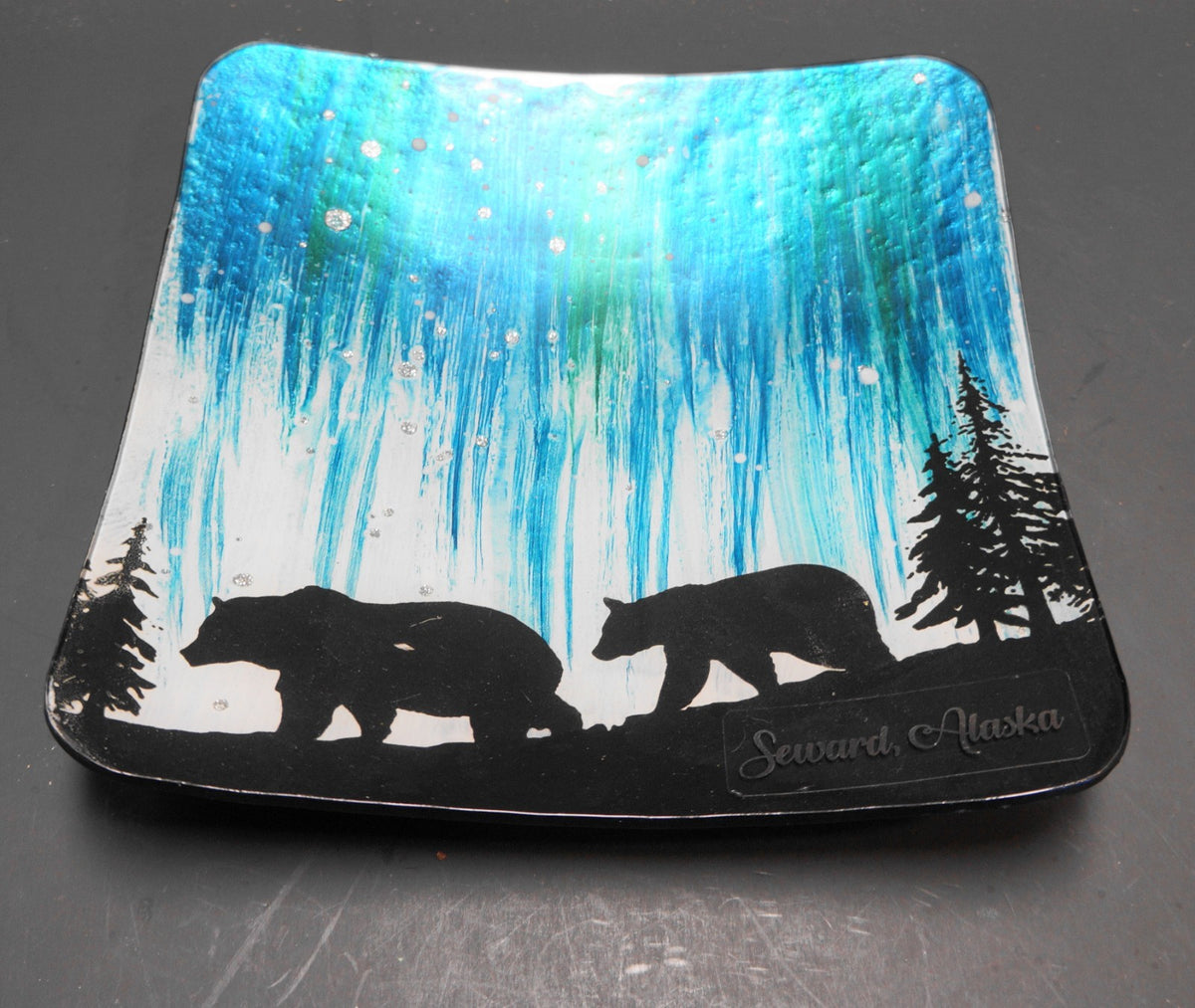 Northern Lights Black Bears Bent Fused Glass Plate Cozeno Collection Souvenir