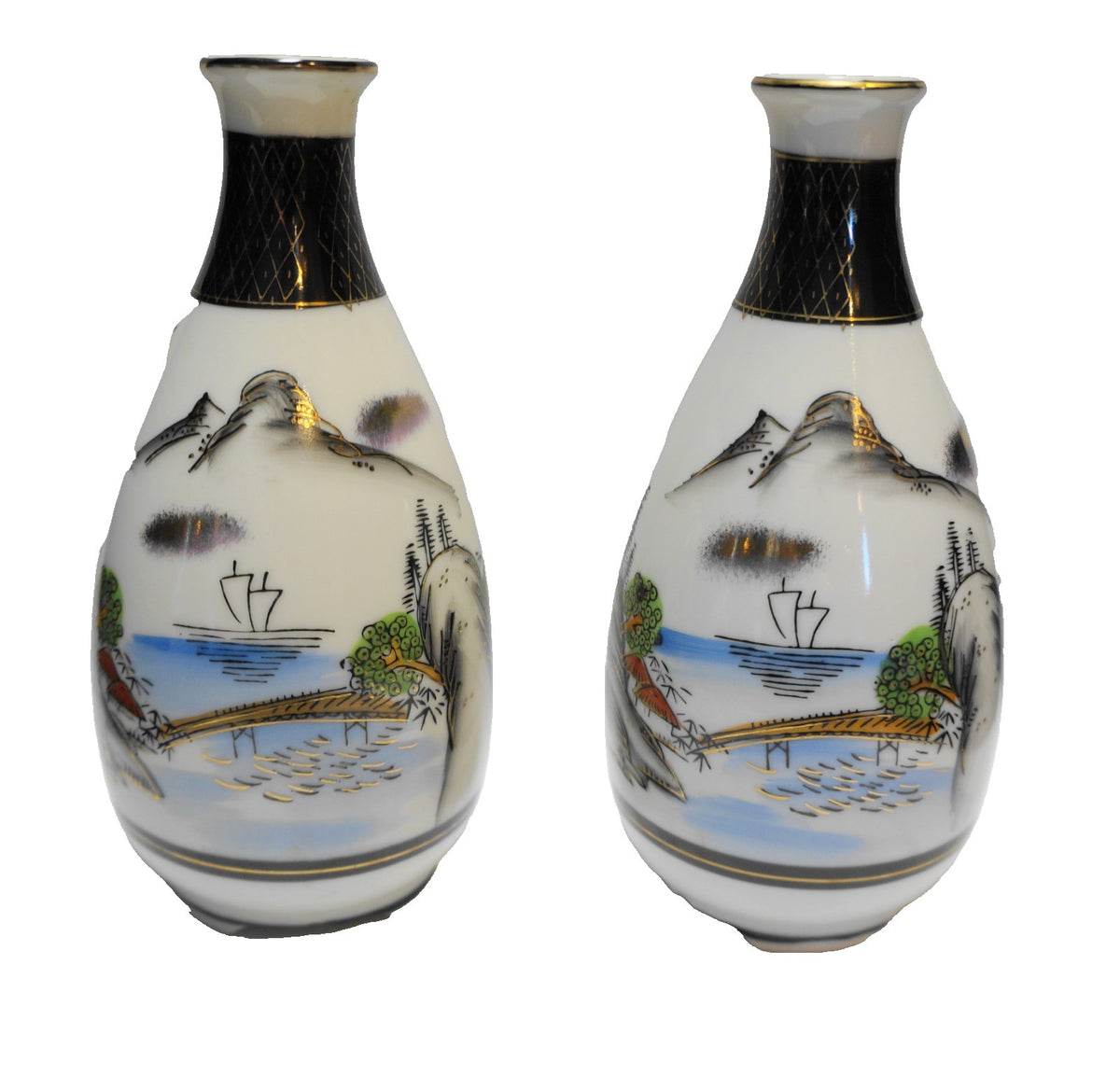 Kutani Japan Sake Bottles Pair Hand Painted Porcelain 1930s