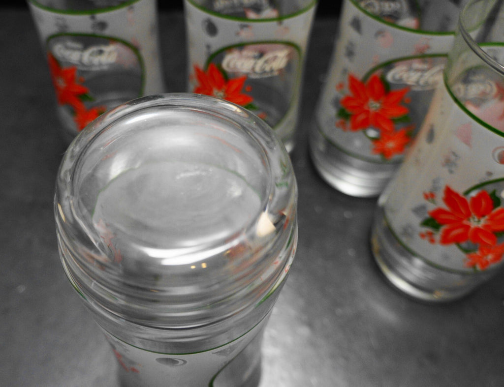 Enjoy Coca-Cola Frosted Glass Tumblers Poinsettia 1980s Set of 6