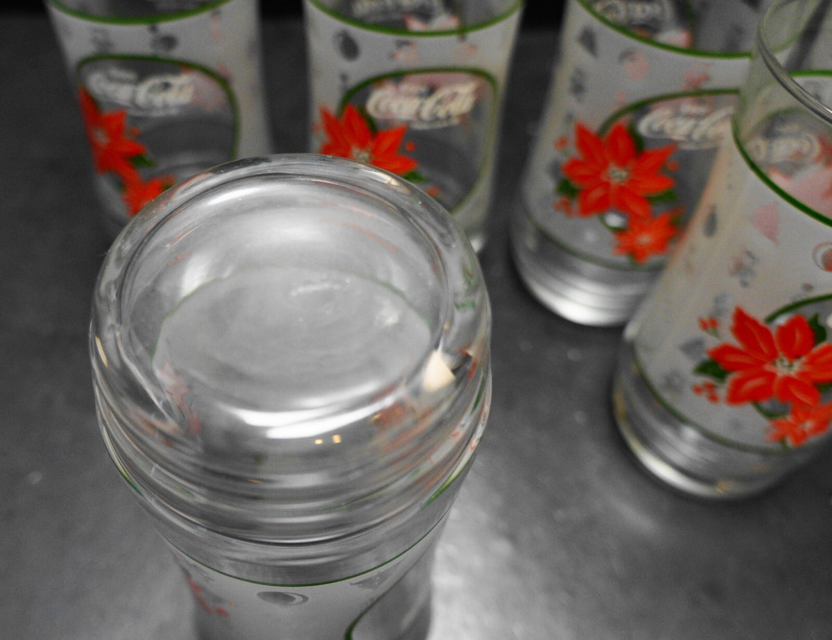 Enjoy Coca-Cola Frosted Glass Tumblers Poinsettia 1980s Set of 6
