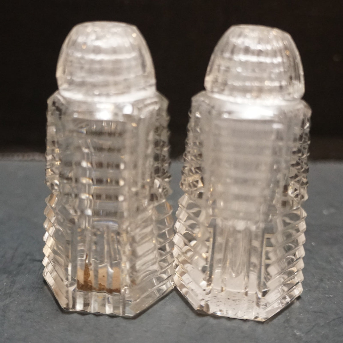 Art Deco Ribbed Cut Crystal Tower Shaped Salt And Pepper Shakers